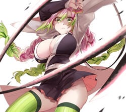 action_pose attacking_viewer big_breasts braided_hair cleavage clothing demon_slayer female female_only frown green_eyes haori kanroji_mitsuri kimetsu_no_yaiba long_hair looking_at_viewer mole_under_eye no_bra open_shirt pink_hair pleated_skirt solo sword thick_thighs thighhighs two_tone_hair