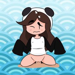 1girls bluejr blush bottomless brown_hair chibi chillypanda clothed clothed_female clothed_sex cowgirl_position female female_focus loose_clothes pussy_juice pussy_juice_drip sex super_deformed vaginal_penetration vaginal_sex youtube youtuber