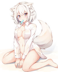 animal_ears barefoot blush bottomless breasts cleavage dress_shirt looking_at_viewer lulu_akituki momiji_inubashiri mouth_hold naked_shirt navel no_panties open_clothes open_shirt popsicle sweat tagme tail touhou wariza white_background white_hair wolf_ears wolf_girl wolf_tail yellow_eyes