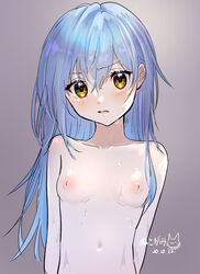 1other adult androgynous androgynous_only areolae blue_hair blush breasts confusion erect_nipples midriff naked navel nipples nude nuko rimuru_tempest small_breasts sweat tensei_shitara_slime_datta_ken yellow_eyes