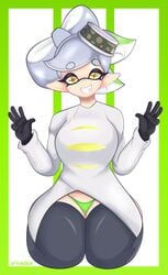 1girls 1nkdax artist_name black_thighhighs coat gloves green_panties green_underwear inkling inkling_girl kneeling looking_at_viewer marie_(alterna) marie_(splatoon) panties pointy_ears solo solo_female solo_focus splatoon splatoon_3 splatoon_3:_return_of_the_mammalians thighhighs underwear