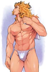 1boy 1male abs bara biceps big_pecs blonde_hair bulge cowboy_shot demon_slayer eight_pack fundoshi fundoshi_only human human_only kimetsu_no_yaiba kurosuke0755 long_hair looking_away male male_chest male_focus male_nipples male_only muscle muscles muscular muscular_male nipples pecs pectorals rengoku_kyoujurou smile solo solo_focus solo_male spiky_hair standing towel underwear underwear_only veiny_muscles white_background white_underwear