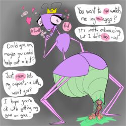 1:1 alien anthro arthropod breath burgerpocalypse crown dialogue egg egg_laying english_text female hand_on_hip heart hi_res ovipositor rear_view sharp_teeth slime smile smiling_at_viewer solo talking_to_viewer teeth text