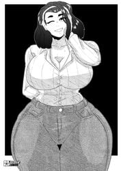 big_ass big_breasts big_butt big_thighs cecilia_(mrestella) estella_comics female female_only hand_on_face huge_ass huge_breasts huge_butt huge_thighs jeans mannyestella mrestella one_arm_behind_back one_eye_closed simple_background smile thick_thighs