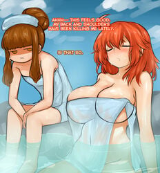 2girls alternate_breast_size alternate_version_available big_breasts breast_envy busty cleavage curvy dialogue fate/extella fate/extra fate/extra_ccc fate/grand_order fate_(series) fujimaru_ritsuka_(female) gudako hakuno_kishinami hotsprings huge_breasts kishinami_hakuno_(female) large_breasts multiple_girls steamingtofu text towel towel_only water