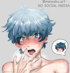 blue_eyes blue_hair blush chongyun_(genshin_impact) collarbone cum cum_on_face ear_piercing gay genshin_impact heavy_breathing licking_cum licking_hand looking_at_viewer meiwaku.art piercing pov speech_bubble tongue tongue_out topless xingqiu_(genshin_impact) yaoi