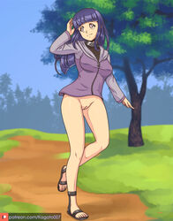 1girls bare_legs blue_hair bottomless bottomless_female casual_exposure casual_nudity cute exhibitionism exposed_pussy feet female female_focus female_only fishnet_shirt fishnets footwear hoodie hyuuga_hinata innie_pussy jacket kagato007 light-skinned_female light_skin long_hair naruto naruto_(series) naruto_shippuden nature no_panties outdoors outside public_nudity purple_eyes pussy sandals shaved_crotch shaved_pussy shounen_jump solo solo_female solo_focus teenager toes tree vagina walking