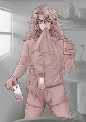 1boy abs bathroom biting_clothes bulge demon_slayer erection erection_under_clothes hair_down kimetsu_no_yaiba male male_only messy_hair mirror muscular muscular_male rengoku_kyoujurou restricted_palette selfie shampoo_challenge shirt_in_mouth shirt_lift solo thick_eyebrows underwear