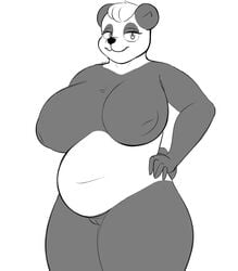 absurd_res anthro bear belly big_belly big_breasts breasts eyelashes female fur genitals giant_panda hair hi_res looking_at_viewer mammal monochrome nipples nude overweight pussy simple_background sleepingpowder smile solo sueli_(joaoppereiraus) thick_thighs ursid white_body white_fur