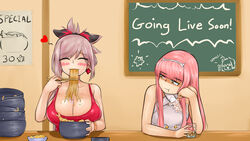 2girls alternate_breast_size big_breasts blush breast_envy cleavage eating fate/grand_order fate_(series) female large_breasts massive_breasts medb_(fate) miyamoto_musashi_(fate) multiple_girls noodles steamingtofu tagme text