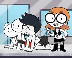 black_hair bluejr dominant_female domination dominatrix femdom freckles glasses illymation ilyssa_levy leash male malesub petplay public public_humiliation red_hair somethingelseyt theamaazing theodd1sout theodd1sout_(character) topless youtube youtuber