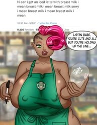 ambrosia dark-skinned_female dark_skin english_text green_eyes huge_breasts iced_latte_with_breast_milk looking_at_viewer meme nipple_bulge ryujisama speech_bubble