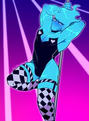 1male blue_skin blush bunnysuit crossdressing fire_hair fnf_entity friday_night_funkin gay littlegeecko looking_at_viewer male male_only muscular pole_dancing solazar_(sugarratio) stockings thighhighs white_eyes