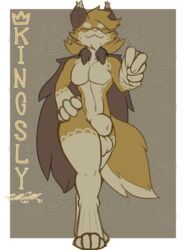 3:4 absurd_res anthro aurathecynders brown_body brown_fur closed_eyes fluffy fluffy_tail fur gesture hi_res invalid_tag kingsly_(aurathecynders) male neck_tuft pointing pointing_at_viewer simple_background smile solo solo_male spiral_knights tuft wolver yellow_body yellow_fur