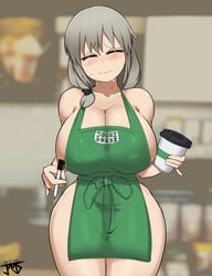 1girls artist_signature big_breasts blush breasts closed_eyes female female_focus female_only grey_hair huge_breasts iced_latte_with_breast_milk jmvmaa large_breasts long_hair mature_female meme milf nipple_bulge solo standing starbucks sweat uzaki-chan_wa_asobitai! uzaki_tsuki wide_hips