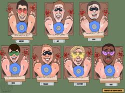 7boys blonde_hair brown_hair dark-skinned_male feet gnilkcitxd king_of_feathers laughing light-skinned_male male_only multiple_boys superhero sweat sweating through_wall tickle_fetish tickle_torture tickling tickling_feet trophy_wall