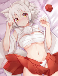 animal_ears blush bow_panties breasts lulu_akituki lying momiji_inubashiri navel on_back panties sarashi shiny_skin shirt shirt_lift skirt submissive tagme tail touhou underboob white_hair white_panties wolf_ears wolf_girl wolf_tail yellow_eyes