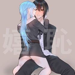 1boy 1other androgynous ass black_hair black_sclera blue_hair blush diablo_(tensei_shitara_slime_datta_ken) kissing kissing_cheek long_hair male multicolored_hair nuko partially_clothed red_hair rimuru_tempest skirt straight tensei_shitara_slime_datta_ken thighs yellow_eyes yellow_hair