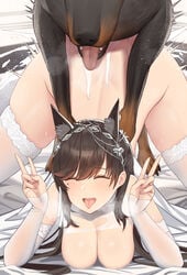 1animal 1boy 1girls absurd_res ambiguous_penetration animal_ears atago_(azur_lane) azur_lane big_breasts blush breasts canid canid_on_humanoid canine canine_on_human closed_eyes cum cum_inside cum_on_ass dog domestic_dog double_peace_sign double_v_sign female female_human gloves happy happy_sex heavy_breathing hetero high_resolution human humanoid interspecies large_breasts long_hair male male/female male_canine married_to_feral moaning peace_sign sex siu_(siu0207) spread_legs thick_thighs thighs trembling v_sign wedding_dress wedding_lingerie zoophilia