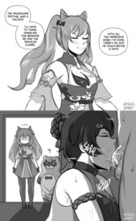 ... 1boy 2girls ? aether_(genshin_impact) balls big_breasts blowjob breasts choker closed_eyes cuckquean cum cum_in_mouth cum_in_throat cum_inside deepthroat dialogue fellatio female genshin_impact greyscale keqing_(genshin_impact) long_hair male monochrome netorare oral penis short_hair speech_bubble sweat testicles text twintails wingedwasabi xiangling_(genshin_impact)