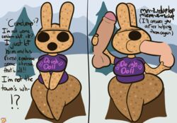 1girls 2021 animal_crossing anthro big_ass blowjob bottomless cheek_bulge clothed clothed_female coco_(animal_crossing) comic denial dialogue disembodied_penis double_handjob english_dialogue english_text fellatio female fondling free_use half-dressed horny instant_loss_2koma klutzatdusk lagomorph leporid nintendo oral oral_sex partially_clothed rabbit shortstack sitting slutty_outfit text video_games wide_hips