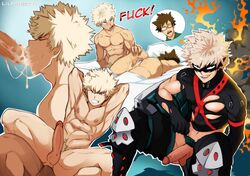 2boys after_sex anal anal_penetration anal_sex arms_behind_head arms_up ass_grab bakugou_katsuki bakugou_masaru blonde_hair blowjob bodysuit brown_hair butterfly_position completely_nude cum cum_in_ass cum_in_mouth erection father_and_son fellatio fire gay gay_incest genital_fluids genitals glasses grabbing_ass hero_outfit_(mha) incest katsuki_bakugou lilprincyvi looking_at_viewer lying_on_bed male male/male male_only male_penetrated male_penetrating male_penetrating_male masaru_bakugou mask masked masked_male muscular_male muscular_thighs my_hero_academia nude nude_male oral oral_sex overstimulation penetration penis profanity pubic_hair ripped_clothes ripped_clothing sex_on_bed spiky_hair thigh_strap yaoi