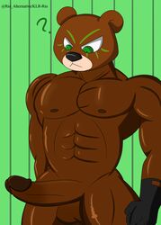 1boy 2019 ? abs balls bear_mask build-a-bear(klr-rio) clothing dark_skin erection fur furry gloves green_eyes hi_res human humanoid_penis klr-rio legwear male male_only mammal mask muscular muscular_male nipples nude pecs penis simple_background solo