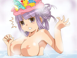 :< bare_shoulders breasts bust female hat large_breasts long_hair nipples nude patchouli_knowledge purple_eyes purple_hair rubber_duck solo surprised surprised_arms touhou yanagihara_tantoui