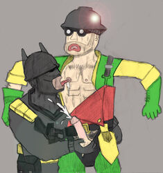 2boys abs bandolier batman batman_(series) caressing_testicles cosplay crossover cumshot cupping_balls dc dc_comics ejaculation engineer engineer_(team_fortress_2) erect_nipples erection exposed_nipples facial_hair gay gloves goggles gray_background grenade hard_hat helmet licking_male_nipple male male_only mouth_open multiple_boys multiple_males open_shirt oral_sex pecs penis_out robin_(dc) robin_(dc)_(cosplay) samboengie shorts_down soldier soldier_(team_fortress_2) superhero_costume sweatdrops team_fortress_2 tongue_out yaoi