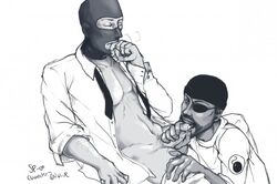 2boys 2d artist_signature average_sized_penis balaclava blowjob characters_valve cock_gobble cock_hungry cum_hungry cum_in_mouth dark-skinned_male demoman demoman_(team_fortress_2) erection exposed_chest eye_patch eyes_closed facial_hair feet_out_of_frame fellatio fingers_on_mouth giving_head going_down_on heavy_breathing holding_penis human human_male human_only kneeling_oral_position knob_polishing licking_cum licking_penis male male_only necktie open_shirt oral_sex orgasm_from_oral pants_down pecs spy spy_(team_fortress_2) sucking_off team_fortress_2 tongue_out valve watch_cap white_background yaoi