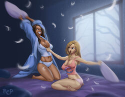 2girls ass big_breasts blonde_hair breasts brown_hair cleavage cristal_(the_boondocks) dark-skinned_female dark_skin duo female female_only lipstick long_hair luna_(the_boondocks) midriff navel negarobo open_clothes open_robe panties pillow_fight redbone tagme tank_top the_boondocks