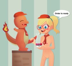 blonde_hair blue_eyes breasts charmander cum cum_in_cup glasses hat hesyph_(artist) hitokage human leah_(pokemon) lia_(pokemon) nintendo nipples nude pokémon_(species) pokemon pokemon_cafe_mix pokemon_rgby pokephilia pussy red_frame_glasses