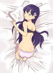 aqua_eyes back barefoot bed_sheet blue_eyes cute_fang dakimakura dimples_of_venus feet hair_ornament hairclip kiyal_bachika long_hair murata_isshin naughty_face panties pillow pillow_hug purple_hair sheets side-tie_panties tengen_toppa_gurren-lagann tengen_toppa_gurren_lagann underwear