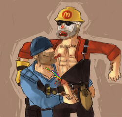 2d cosplay engineer engineer_(team_fortress_2) human human_male human_only male male_only mascot mcdonald's ronald_mcdonald samboengie soldier soldier_(team_fortress_2) team_fortress_2 yaoi