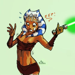 1girls accidental_exposure ahsoka_tano alien belly blue_eyes breasts clone_wars clothed clothing embarrassed et_cetera female female_only flat_chest green_background green_lightsaber jedi jedi_padawan lightsaber nipple_slip nipples orange_skin red_clothing red_shirt red_skirt shirt_down shocked short_skirt simple_background skirt small_breasts solo standing star_wars stomach text the_clone_wars:_season_one togruta tube_top wardrobe_malfunction young