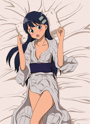 aqua_eyes blue_eyes blush cute_fang hair_ornament hairclip kiyal_bachika long_hair lying murata_isshin open_mouth pillow purple_hair robe sheets tengen_toppa_gurren-lagann tengen_toppa_gurren_lagann