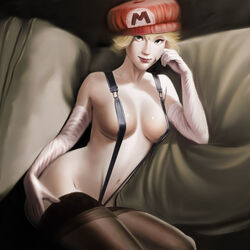 andrew_hibner art blonde_hair blue_eyes breasts cleavage earrings elbow_gloves female female_only gloves hat highres jewelry large_breasts lips mario_(cosplay) mario_(series) naked_suspenders nintendo no_bra princess_peach realistic short_hair sitting super_mario_bros. suspenders thighhighs