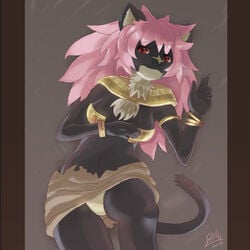 anthro black_fur breasts female female_only front_view king_of_thorn pink_hair solo tagme zeus_race