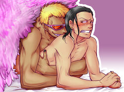 2boys black_hair black_hair_bottom blonde_hair blonde_hair_on_black_hair blonde_hair_top domination donquixote_doflamingo gay light_hair_on_dark_hair male male_only one_piece sir_crocodile straight_hair yaoi