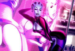 1girls andrew_hibner arched_back asari ass bodysuit looking_back mass_effect pole pose solo