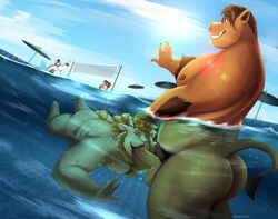 2021 absurd_res anthro ass balls belly big_butt bovid brown_body caprine detailed_background erection genitals group hi_res male male/male mammal moobs nipples overweight overweight_male penis sex sheep suid suina sus_(pig) towelthebear underwater underwater_sex water white_body wild_boar