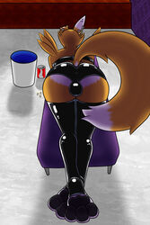 2:3 anthro ass balls_outline bandai_namco beverage black_pawpads bulge canid canine detailed_bulge digimon digimon_(species) ear_expansion ear_piercing expansion food fox fur genital_outline hi_res male male_only mammal mike_santos pawpads paws piercing popcorn renamon rubber soda solo white_body white_fur yellow_body yellow_fur