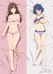 2girls bed_sheet blue_bra blue_hair blue_panties blue_underwear blush bow bow_panties bra bra_lift bra_pull brown_hair clothes_pull covering covering_breasts dakimakura domestic_na_kanojo female female green_eyes lying multiple_girls on_back pantsu pink_bra pink_eyes pink_panties rizuta strap_slip tachibana_hina tachibana_rui underwear underwear_pull