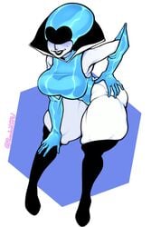 1girls alternate_version_available blue_gloves clothed clothing deltarune deltarune_chapter_2 female female_only hand_on_hip mole mole_under_eye piccolonsfw queen_(deltarune) solo_female thick_penis thick_thighs tooth_gap visor