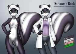 anthro big_tail black_body bottomwear breasts clothed clothing coat danaume danaume_rook english_text eyebrows eyewear eyewear_only female fluffy fluffy_tail genitals glasses glasses_only green_eyes hair hand_on_hip lab_coat looking_at_viewer mad_scientist mammal mephitid model_sheet multicolored_body navel nipples nude pants pussy shirt short_hair simple_background skunk small_breasts solo standing text topwear two_tone_body white_body white_hair