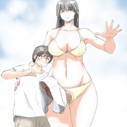 1boy 1futa big_breasts big_penis bikini biku_dai black_hair breasts clothed clothing erect_penis erection fully_clothed futa_giantess futa_is_bigger futa_sans_balls futa_with_male futanari giant giant_futanari giantess huge_breasts huge_cock human light-skinned_futanari light_skin long_hair macro macro_futa male micro_male micro_on_macro mini_futa_giantess mini_giantess mostly_nude panah penis size_difference smaller_male standing