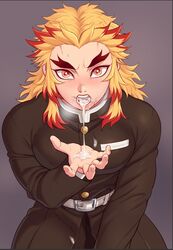 after_fellatio blonde_hair cum cum_in_mouth cum_on_tongue demon_slayer fully_clothed kimetsu_no_yaiba long_hair_male looking_at_viewer male male_only marotoskin pubic_hair_in_mouth rengoku_kyoujurou solo stray_pubic_hair sweat thick_eyebrows two_tone_hair