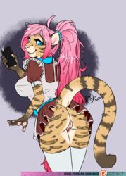 anthro ass bottomwear clothed clothing felid feline female genitals hair hi_res legwear leopardus mammal no_underwear ocelot pink_hair pussy raised_tail rika skirt stockings upskirt