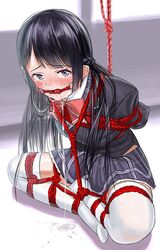 arms_behind_back arms_tied_behind_back ball_gag black_hair blush bondage crying crying_with_eyes_open drooling female fleda full-face_blush gag gagged high_resolution long_hair looking_at_viewer nijisanji nose_blush red_rope saliva school_uniform serafuku shibari_over_clothes solo tears thighhighs tsukino_mito tsukino_mito_(channel) uniform virtual_youtuber