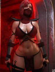 1girls 3d breasts cleavage clothed female female_only knife kunai large_breasts loincloth looking_at_viewer mask mortal_kombat mortal_kombat_(2011) mortal_kombat_11 navel red_eyes red_hair revealing_clothes rude_frog shiny_skin skarlet skarlet_(mk9) solo sword